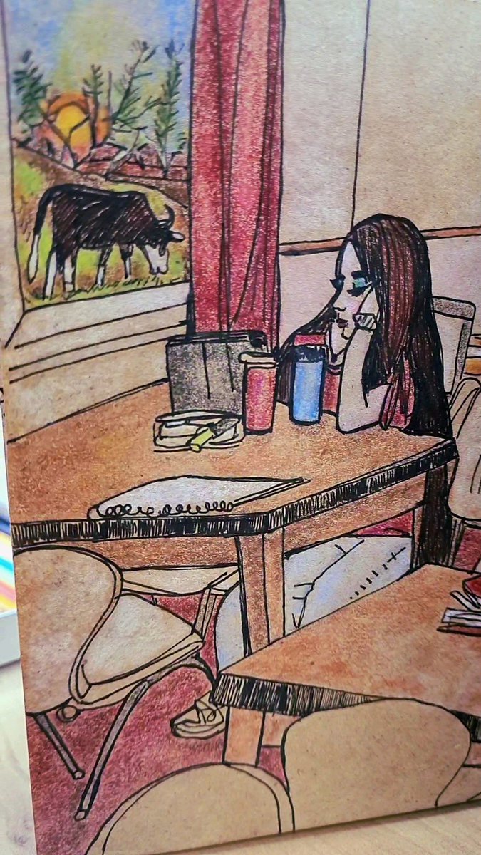 A hand-drawn watercolor and ink sketch of a girl sitting at a wooden desk near a window, looking out at a cow grazing in a green field with mountains in the distance.