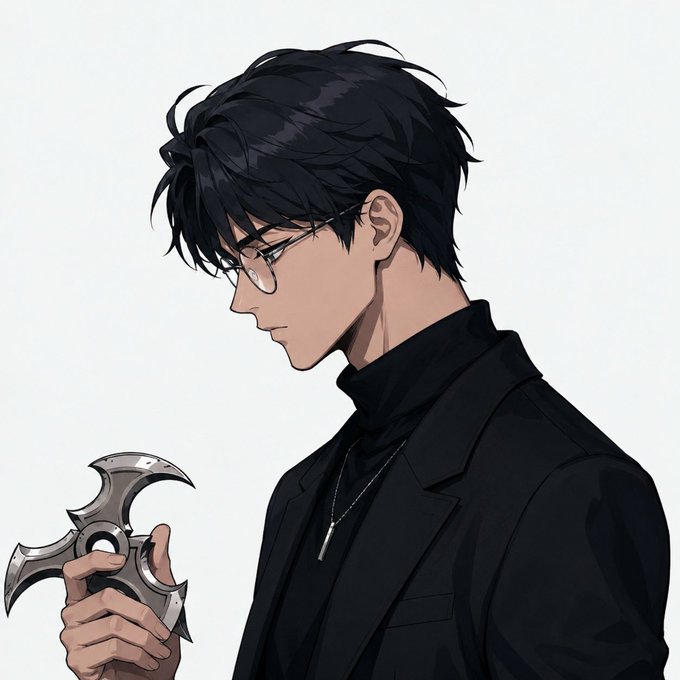 An anime-style illustration of a dark-haired young man wearing glasses and a black coat with turtleneck, holding a stylized silver shuriken/throwing weapon, against a plain light background.