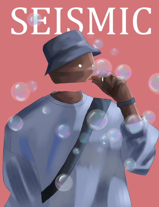 A stylized digital illustration features a faceless figure in a bucket hat and sweatshirt smoking amid floating iridescent bubbles against a coral background, with "SEISMIC" boldly displayed at the top—evoking a moody, trendy magazine-cover aesthetic fitting the post's reference to crypto publications.