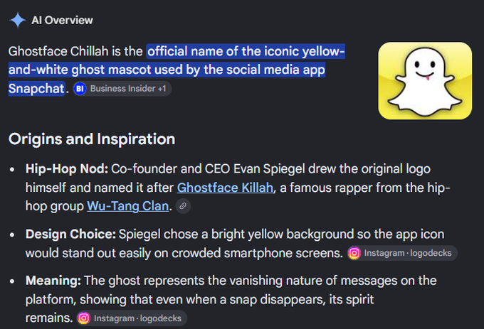A Google AI Overview explaining that 'Ghostface Chillah' is the official name of the Snapchat ghost mascot, detailing its hip-hop origins (named after Ghostface Killah of Wu-Tang Clan), design choice, and meaning.