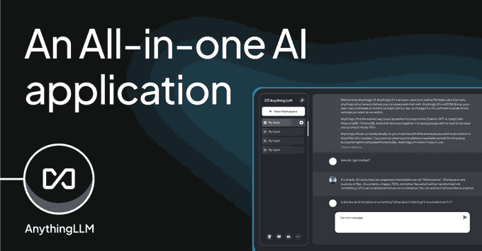 AnythingLLM advertisement stating 'An All-in-one AI application' alongside a screenshot of the chat interface with a user named 'Anything LLM'.