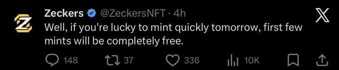 A tweet from Zeckers (@ZeckersNFT) stating: 'Well, if you're lucky to mint quickly tomorrow, first few mints will be completely free.'