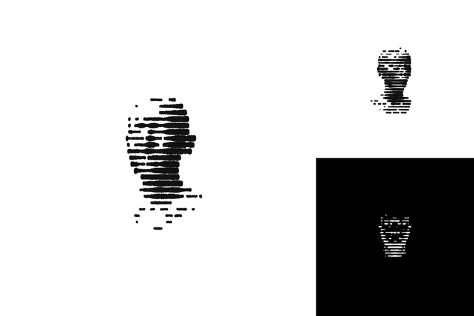 A pixel-art style image showing abstract black silhouette shapes made of dashed lines on white and black backgrounds.