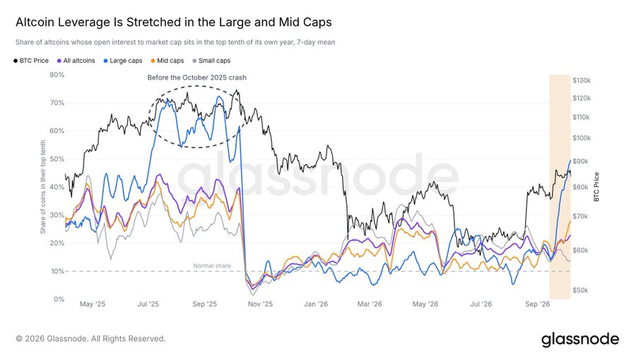 Glassnode chart titled 'Altcoin Leverage Is Stretched in the Large and Mid Caps' showing the share of altcoins in the top tenth of their own OI-to-mcap since May 2025, with a dashed ellipse highlighting elevated leverage before the October 2025 crash.