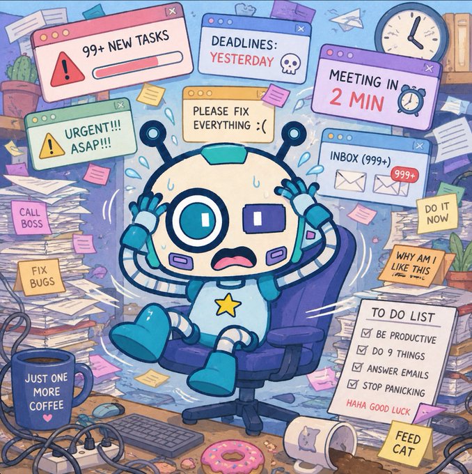 The image features a cartoon robot sitting in an office chair, surrounded by various objects such as keyboards, cups, and donuts. The robot appears stressed or overwhelmed due to the cluttered environment around it. In the background of the image, there is a post with text that reads "99 new tasks", "98 deadlines!", "98 minutes!", "99 meetings in 2 min!", "99 emails!", "99urgent!!", "99!", and "99!", which seem to be related to the robot's current situation. The overall theme of the image suggests that the robot is struggling with a busy workday, possibly dealing with multiple tasks or deadlines at once.