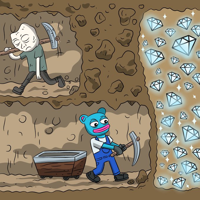 A cartoon illustration contrasting an exhausted gray miner carrying a pickaxe away from a nearly empty mine with a happy blue character in overalls finding a massive deposit of sparkling diamonds.