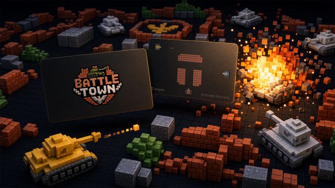 The image showcases a voxel-style 3D battlefield scene with tanks, and blocky terrain featuring an explosion, where two cards are centered. One card displays the "BattleTown" logo with its orange and black emblem, while the other shows a pixelated character design with the Tangem logo, promoting the limited collaboration between BattleTown and Tangem for 20 exclusive wallets.