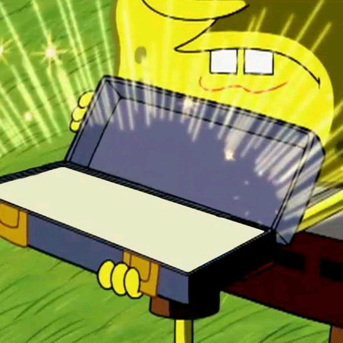 A cartoon image showing a glowing sword presented in a box, with a small yellow character peeking from behind the lid.