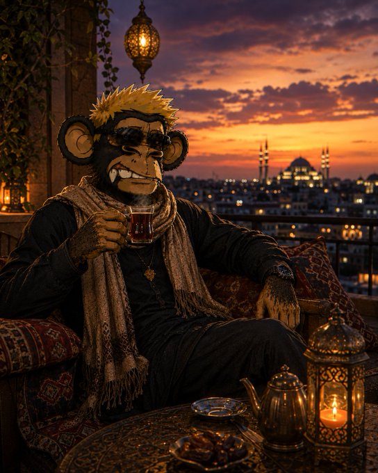 An anthropomorphic monkey with spiky blonde hair and sunglasses sits on a patterned sofa, sipping tea on a balcony overlooking a city skyline (featuring a mosque) at sunset, with a Middle Eastern-style lantern glowing nearby.