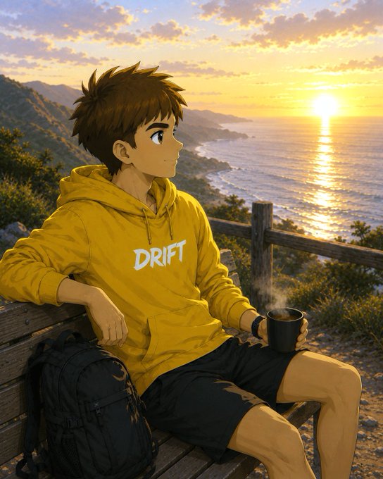 A young man in a yellow "DRIFT" hoodie sits on a wooden bench at sunrise, holding a steaming mug while gazing out over the ocean—a peaceful scene that perfectly captures the calm, reflective start of "Good morning."