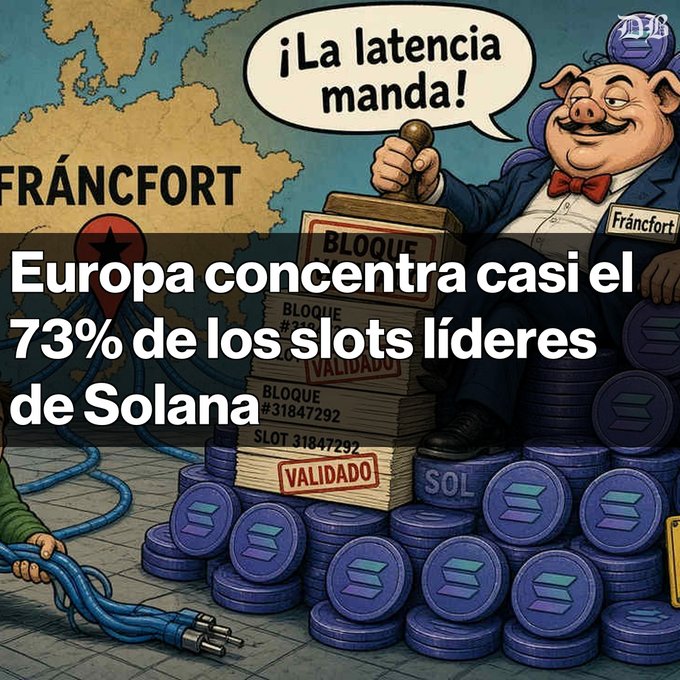 A cartoon illustration depicts a pig character in a suit sitting on Solana coins with a speech bubble reading '¡La latencia manda!' and Spanish text stating 'Europa concentra casi el 73% de los slots líderes de Solana'.