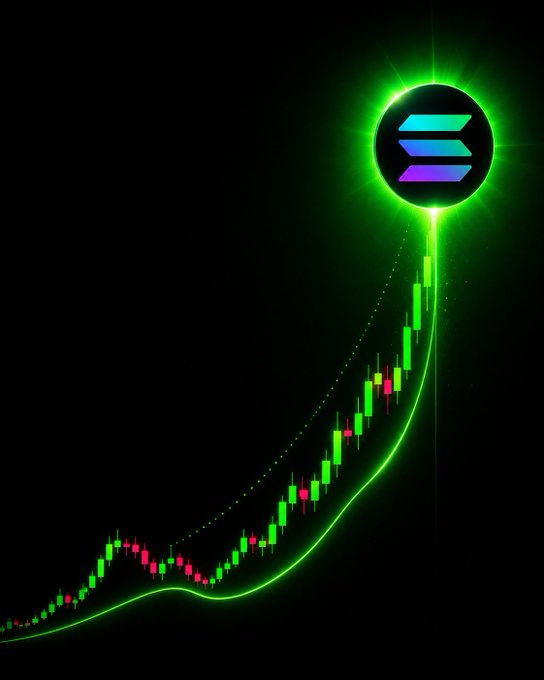 A financial chart with green candlesticks showing an upward trend, featuring a glowing green circular Solana (SOL) logo at the peak against a black background.