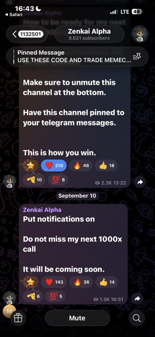 A Telegram channel screenshot for 'Zenkai Alpha' with 9,621 subscribers, featuring pinned messages about trading memecoins and posts warning not to miss the next '1000x call,' with visible engagement metrics.