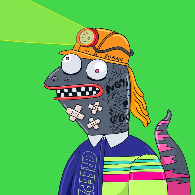 A cartoon dinosaur character wearing a hardhat labeled "BITMAIN" with a headlamp, featuring tattoos like "NGMI," "CRYPTO," "666," and a $1 bill, dressed in a shirt reading "GREED," responds to the GM greeting with its own enthusiastic, wide-eyed "GM" energy—capturing the memecoin community's habit of saying "good morning" as a daily social ritual.