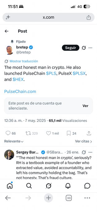 A screenshot of an X.com post by user 'bretep' stating 'The most honest man in crypto. He also launched PulseChain $PLS, PulseX $PLSX, and $HEX.' followed by a reply from 'Sergey Bar...' dated 26 ene.