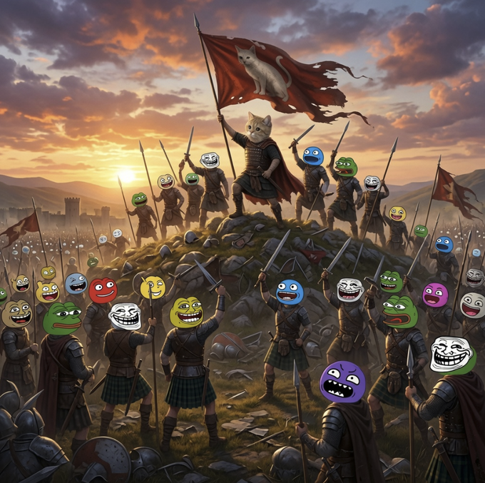 A cat-clad warrior hoists a tattered flag atop a battlefield surrounded by an army of meme-faced soldiers wielding spears, rallying under a dramatic sunset sky. The image captures the chaotic, tribal energy of a meme coin "cult" forming, mirroring the post's hype about a new token with Doge/Pepe-like potential.