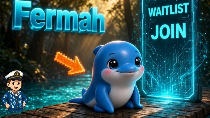 A promotional image for 'Fermah' featuring a cute blue dolphin-like creature sitting on a wooden dock, with text 'WAITLIST JOIN' and a pixelated orange arrow pointing left.