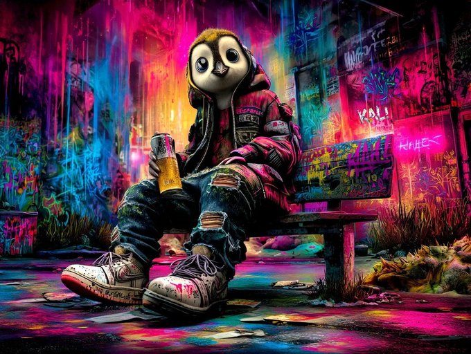 A vibrant graffiti-style illustration of a sad penguin character wearing a red jacket and ripped jeans, sitting on a bench holding a spray paint can against a colorful, spray-painted urban backdrop.