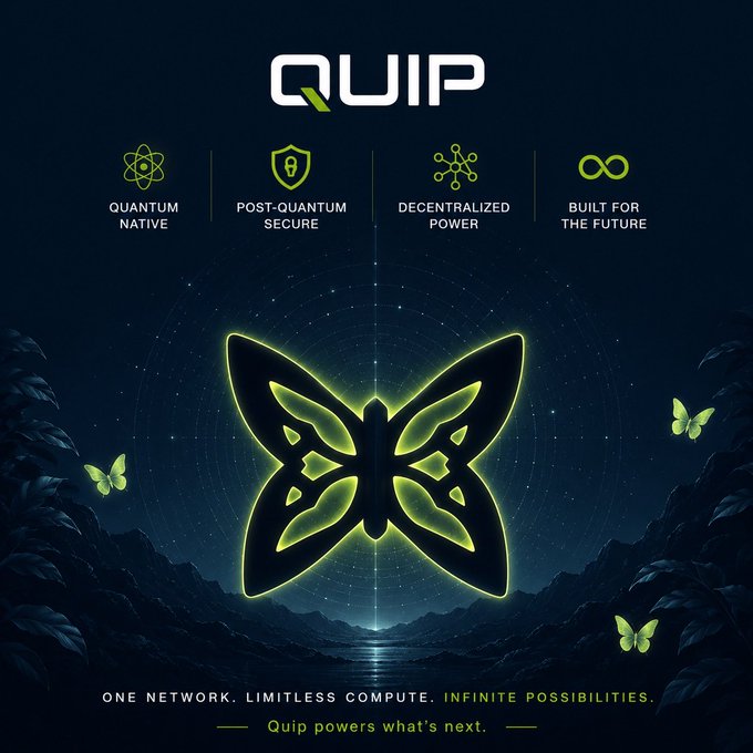 A promotional graphic for Quip features a glowing neon butterfly centered against a starry night sky with mountain silhouettes and smaller butterflies. The QUIP logo appears at the top with four feature icons labeled "QUANTUM NATIVE," "POST-QUANTUM SECURE," "DECENTRALIZED POWER," and "BUILT FOR THE FUTURE," while the bottom reads "ONE NETWORK. LIMITLESS COMPUTE. INFINITE POSSIBILITIES. Quip powers what's next." The butterfly imagery visually reinforces the post's theme of Quip unlocking idle computing power to enable meaningful, transformative quantum workloads.