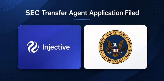An announcement graphic reading "SEC Transfer Agent Application Filed" showing the Injective logo and the U.S. Securities and Exchange Commission seal.