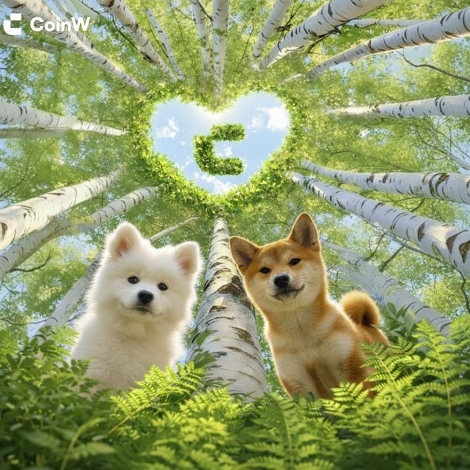 Two adorable puppies—one a fluffy white Samoyed and the other a smiling Shiba Inu—stand among lush green ferns and towering birch trees, looking up at a heart-shaped opening in the canopy where the "CoinW" logo is formed against the blue sky, perfectly capturing a cheerful "GM" (Good Morning) vibe.