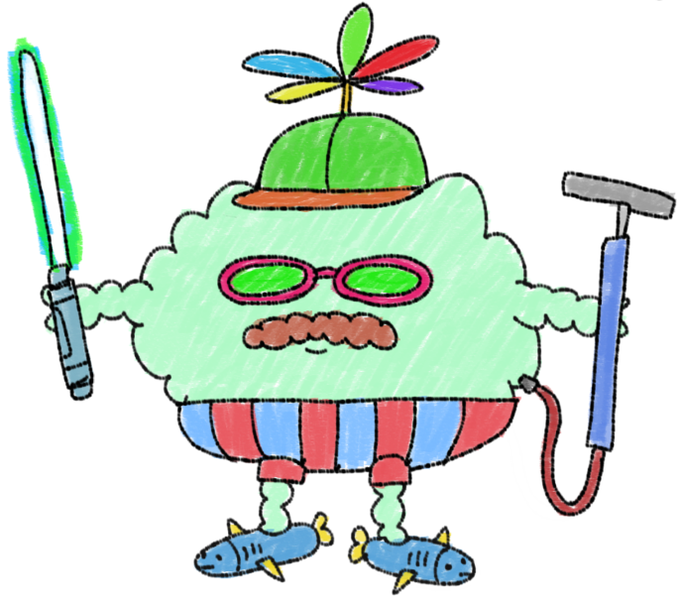 A whimsical cartoon character features a fluffy green cloud-like body wearing pink goggles, a propeller hat, and striped shorts, while holding a paint roller and a paintbrush, standing on small fish shoes.