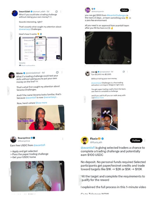 A collage of social media posts promoting a trading challenge from @avantisfi, with users discussing earning $100 USDC through paper/testnet credits.