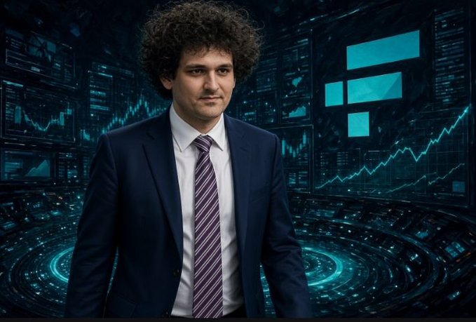 A man in a dark suit and striped tie stands confidently in front of a futuristic digital backdrop of glowing teal financial charts and trading interfaces.