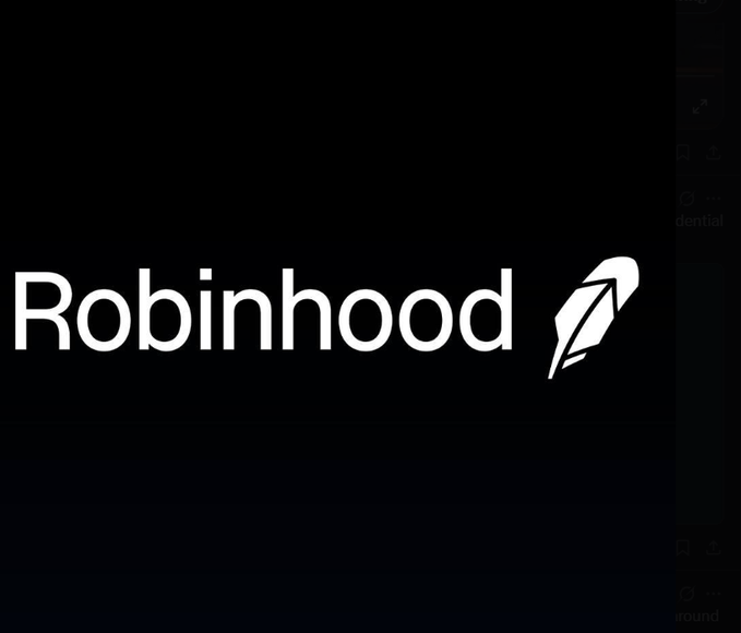 The image displays the Robinhood logo and name in white text on a black background, with a stylized feather icon. This connects to the post discussing two Robinhood engineers charged by the DOJ for insider trading using company data on Hyperliquid, tying the company's branding directly to the alleged misconduct.