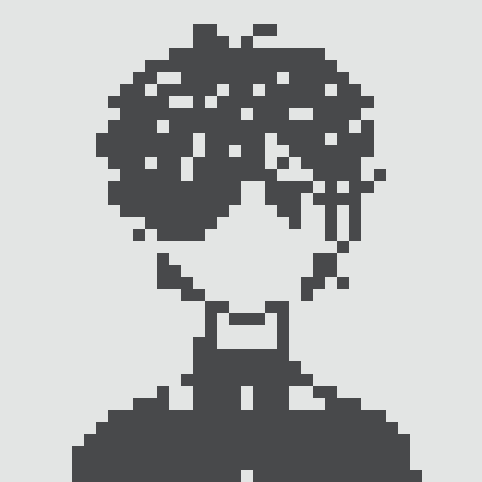 A pixel art silhouette portrait of a person with short hair against a white background.