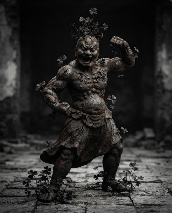 A dark, gothic 3D rendering of a menacing, muscular creature with textured stone-like skin, standing in a fighting pose among clover plants in a ruined, shadowy environment.