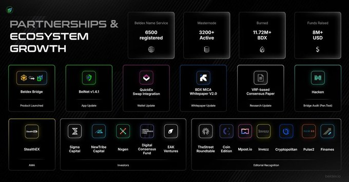 An infographic titled 'PARTNERSHIPS & ECOSYSTEM GROWTH' for Beldex (BDX), highlighting metrics like '6500 registered' Beldex Name Service, '3200+ Active' Masternodes, '11.72M+ BDX' burned, and '8M+ USD' raised, along with various partner logos.
