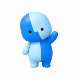 A small, smiling mascot figure with a blue and light blue two-toned body waves against a white background.
