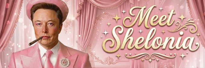 A man resembling Elon Musk, dressed in a pink suit and hat with a cigar, appears beside gold glittery text reading "Meet Shelonia," styled as a Solana token banner for $SHELONIA. The pink, feminine aesthetic with curtains and sparkles suggests a playful parody tribute combining Musk's persona with the meme-style branding.