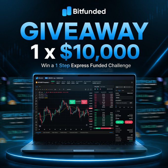 A Bitfunded promotional graphic announcing a giveaway of one $10,000 1-Step Express Funded Challenge, featuring a laptop displaying the Bitfunded trading platform with a BTC/USDT chart on the screen. The bold "GIVEAWAY 1 x $10,000" headline directly mirrors the post's call to sign up with Bitfunded for a chance to win a funded trading account.