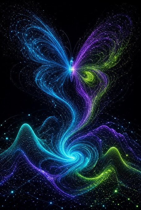 A colorful digital art piece displays a stylized butterfly made of glowing, swirling cosmic particles in blue, purple, and green, floating above waves of similarly colored energy against a starry black background.