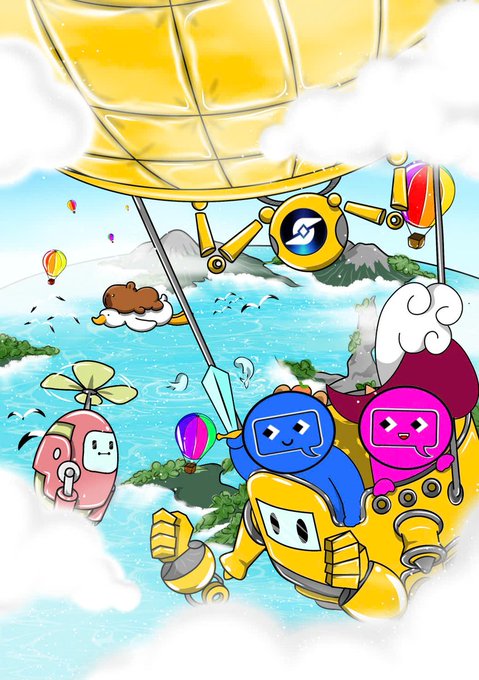 A colorful digital illustration showing cartoon robot characters riding in a hot air balloon basket over a tropical ocean with islands, hot air balloons, and seagulls in the background.