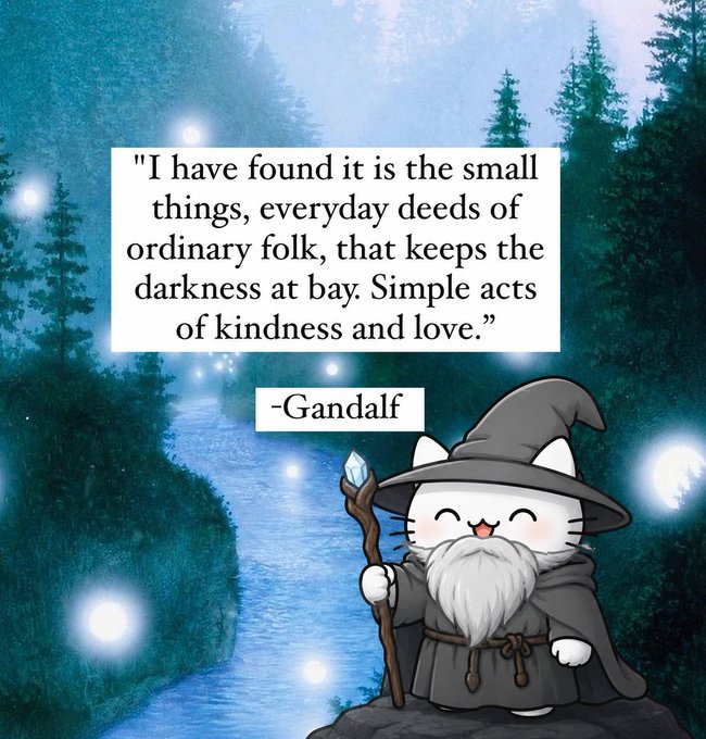 An illustrated cute white cat dressed as Gandalf with a gray hat, robe, and staff with a crystal, set against a mystical forest stream background, with a quote: 'I have found it is the small things, everyday deeds of ordinary folk, that keeps the darkness at bay. Simple acts of kindness and love.' -Gandalf