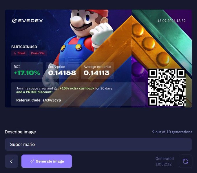 Screenshot of an EVEDEX trading platform showing a trade on $FARTCOINUSD with a ROI of +17.10%, featuring a Super Mario graphic in the background, a QR code, and a prompt to 'Describe image' with the input 'Super mario'.