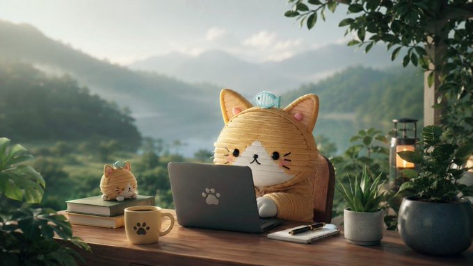 A cute stuffed cat sits at a wooden desk working on a laptop with a paw print logo, with a smaller cat figurine and coffee mug nearby, set against a scenic mountain and lake backdrop.

The image's cozy "working from home" vibe mirrors the post's message of steady, progressive development—building the next layer of blockchain infrastructure (quantum computing) much like a quiet day of focused work that contributes to a bigger vision.