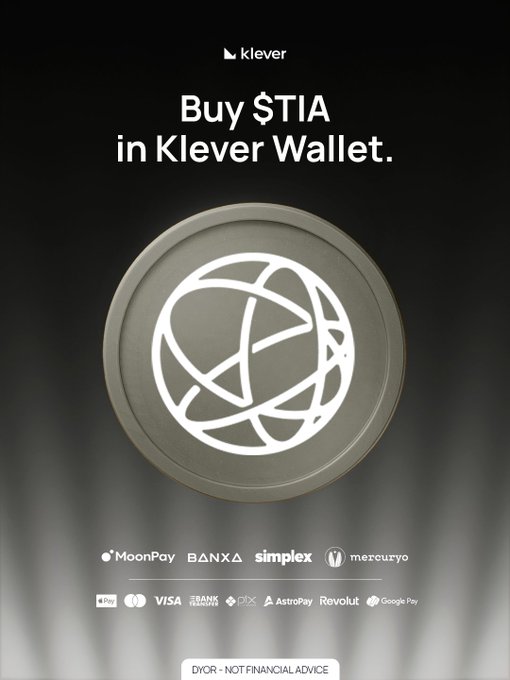 The image features an advertisement for a coin called "Klever Wallet". The advertisement includes a circular logo with a globe design, which represents the coin. Below the logo, there are descriptions of various coins available for purchase, including Bitcoin, Bitcoin Cash, and Ripple. The text on the poster encourages users to "Buy $TIA in seconds. No hassle." This suggests that the coin is designed to be easy to buy and use, possibly offering a quick way to invest in cryptocurrency or digital assets.