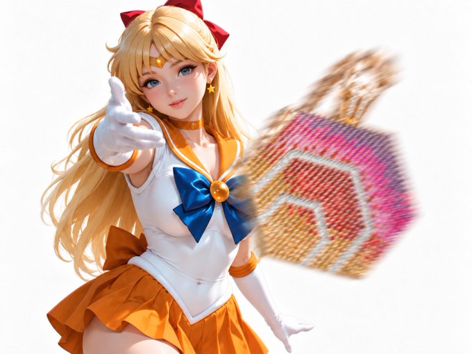 A 3D illustration of Sailor Venus from Sailor Moon in her iconic white, orange, and blue sailor outfit, holding out her hand with a flowing, colorful scarf.