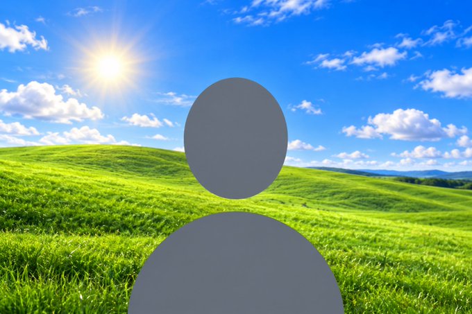The default Windows XP 'Bliss' wallpaper showing rolling green hills under a blue sky with a sunburst, overlaid with a gray silhouette of a person icon.