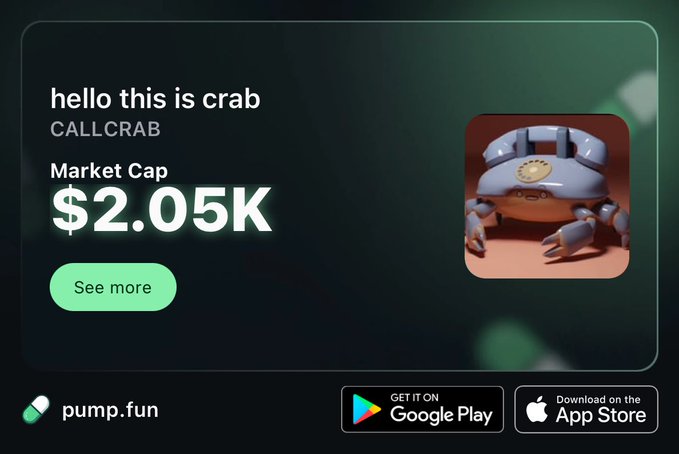 Pump.fun meme coin listing for 'hello this is crab' (CALLCRAB) with a market cap of $2.05K