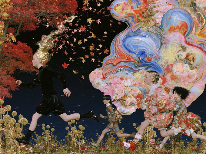 A surreal, colorful artwork showing children in ornate, floral-patterned clothing running through a dark landscape with falling autumn leaves and giant flowers.