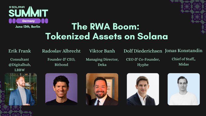 The image features a poster for an event titled "The RWA Boom: Tokenized Assets on Solana" with five men's faces displayed at the top of the poster. The panelists include Erik Frank, Radozlov Allrecht, Victor Bann, Dollie Diederichten, and Jonas Korsandin. The poster is predominantly purple and black in color, with a white background that highlights the text and images on it.