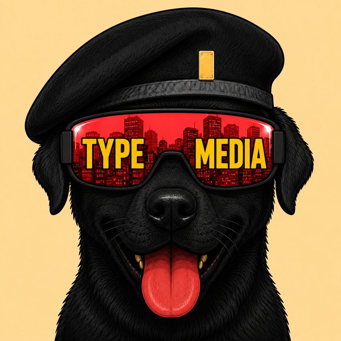 An illustrated black dog wearing a black beret and red-tinted goggles with a city skyline reflection; the goggles display the yellow text 'TYPE MEDIA'.