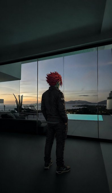 urns of water on a table, with a person in red hair and black jacket standing nearby, gazing out a large window at the sunset.