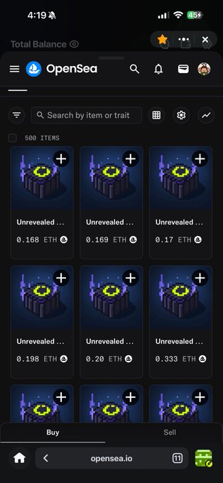 An OpenSea NFT marketplace screenshot on a phone showing a grid of 'Unrevealed' NFT items priced between 0.166 ETH and 0.333 ETH, each featuring a glowing purple circular design.