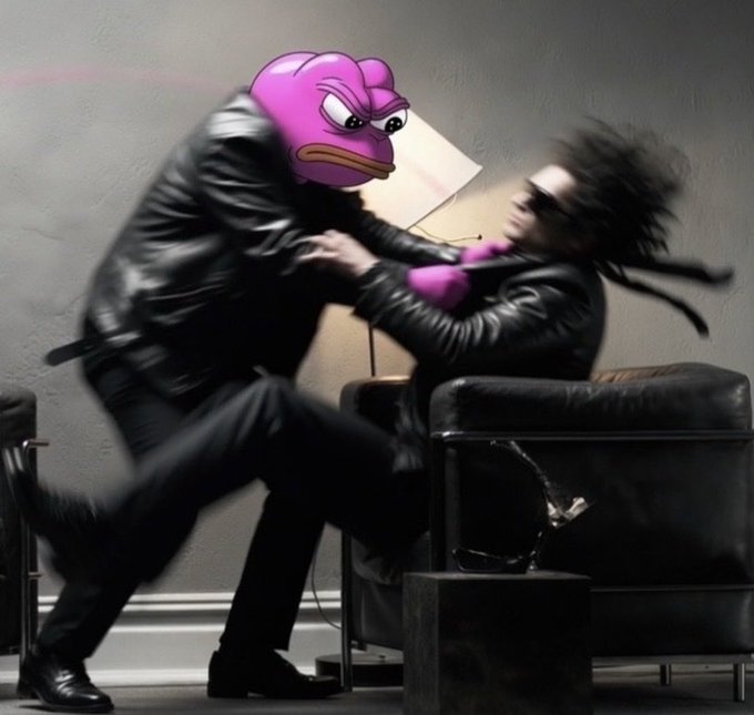 An action scene depicting a pink Pepe the Frog character in a black leather jacket aggressively grappling with a person in black clothing, appearing to take a laptop away from them in an office setting.